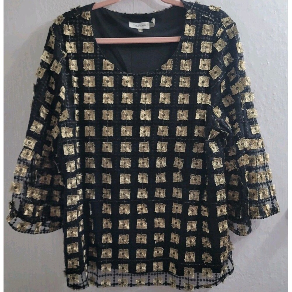 Calvin Klein Size XL Embroidered Sembro Gold Applique Top Blouse Black
